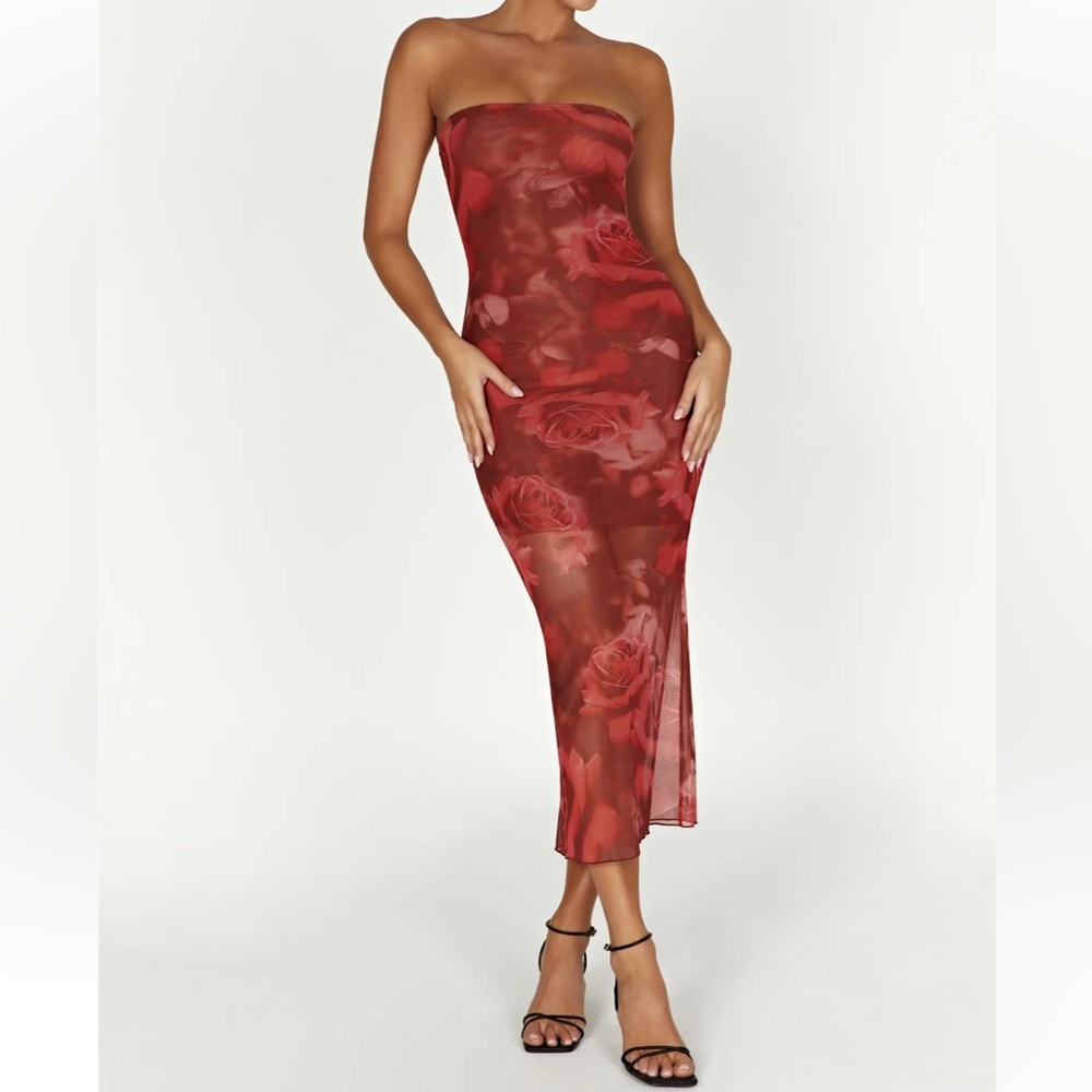 Meshki APHRODITE Strapless Mesh Dress - Oversized Rose Print